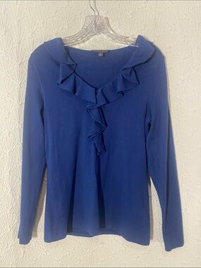 Brooks Brothers Navy Ruffle V-Neck Long Sleeve Top Professional Classic Graceful